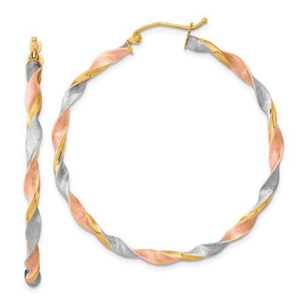 14k White and Rose Rhodium Satin Twisted Hoop Earrings measures 2 inches in diam
